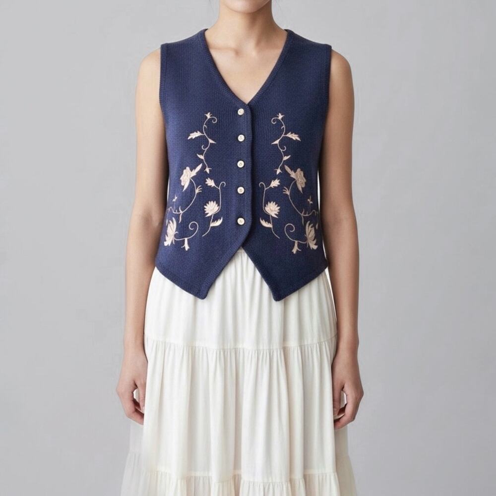 90s Whimsigoth Cottagecore Knit Vest Sweater M Navy Blue Embroidered Witchy